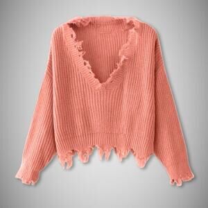 Zaful Cropped Sweater Distressed Frayed V-Collar Loose Fit Orangepink/Coral  XL